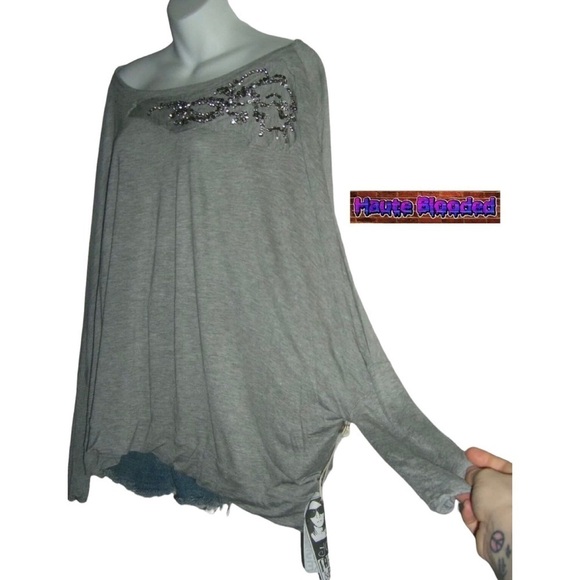 Young Fabulous & Broke Blouse Heathered Gray Jewel Neckline Bling Modal OSFA NWT - Picture 3 of 9